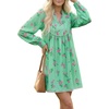image:imageLYANER Womens Floral Print V Neck Patchwork Ruched A Line Long Sleeve Loose Boho Mini DressGreen