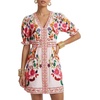 image:imageLYANER Womens Floral Print V Neck Short Sleeve Ruched A Line Beach Vacation Mini SundressPink