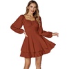 image:imageLYANER Womens Lantern Long Sleeve Tie Back Square Neck Ruffle Short Dress Flowy Casual Party Mini DressesBurnt Orange