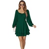 image:imageLYANER Womens Lantern Long Sleeve Tie Back Square Neck Ruffle Short Dress Flowy Casual Party Mini DressesDark Green
