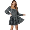 image:imageLYANER Womens Lantern Long Sleeve Tie Back Square Neck Ruffle Short Dress Flowy Casual Party Mini DressesFloral Black