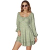 image:imageLYANER Womens Lantern Long Sleeve Tie Back Square Neck Ruffle Short Dress Flowy Casual Party Mini DressesFloral Green