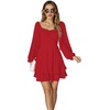 image:imageLYANER Womens Lantern Long Sleeve Tie Back Square Neck Ruffle Short Dress Flowy Casual Party Mini DressesRed