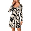 image:imageLYANER Womens Long Sleeve Mini Dress Loose Casual Empire Waist Above Knee Length DressesChampagne Print
