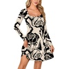 image:imageLYANER Womens Long Sleeve Mini Dress Loose Casual Empire Waist Above Knee Length DressesChampagne Print