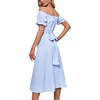image:imageLYANER Womens Off Shoulder Wrap Ruffle Puff Short Sleeve Ruched Tie Back DressLight Blue