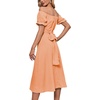 image:imageLYANER Womens Off Shoulder Wrap Ruffle Puff Short Sleeve Ruched Tie Back DressLight Orange