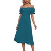 image:imageLYANER Womens Off Shoulder Wrap Ruffle Puff Short Sleeve Ruched Tie Back DressTeal Blue