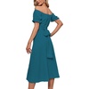 image:imageLYANER Womens Off Shoulder Wrap Ruffle Puff Short Sleeve Ruched Tie Back DressTeal Blue