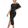 image:imageLYANER Womens One Off The Shoulder Ruched Wrap Front Split Hem Draped Party Midi DressBlack