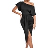 image:imageLYANER Womens One Off The Shoulder Ruched Wrap Front Split Hem Draped Party Midi DressBlack