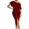 image:imageLYANER Womens One Off The Shoulder Ruched Wrap Front Split Hem Draped Party Midi DressBurgundy