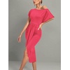 image:imageLYANER Womens One Off The Shoulder Ruched Wrap Front Split Hem Draped Party Midi DressRose Red