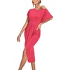 image:imageLYANER Womens One Off The Shoulder Ruched Wrap Front Split Hem Draped Party Midi DressRose Red