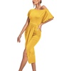 image:imageLYANER Womens One Off The Shoulder Ruched Wrap Front Split Hem Draped Party Midi DressYellow