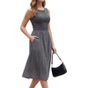 image:imageLYANER Womens Round Neck Sleeveless Smocked Ruffle A Line Casual Midi Dress with PocketsNavy Blue