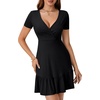 image:imageLYANER Womens Sexy Wrap V Neck Short Sleeve Sundress Ruffle A Line Flare Summer Mini Dress Solid Black Large
