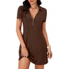 image:imageLYANER Womens Sexy Zipper Front V Neck Mini Dress Casual Low Cut Short Sleeve Ruffle A Line Short DressesDark Brown