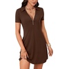 image:imageLYANER Womens Sexy Zipper Front V Neck Mini Dress Casual Low Cut Short Sleeve Ruffle A Line Short DressesDark Brown