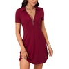 image:imageLYANER Womens Sexy Zipper Front V Neck Mini Dress Casual Low Cut Short Sleeve Ruffle A Line Short DressesWine Red