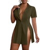 image:imageLYANER Womens Split Shirt Dress Collar V Neck Button Down Short Sleeve Sexy Mini Shirt DressesArmy Green