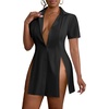 image:imageLYANER Womens Split Shirt Dress Collar V Neck Button Down Short Sleeve Sexy Mini Shirt DressesBlack