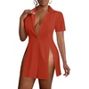 image:imageLYANER Womens Split Shirt Dress Collar V Neck Button Down Short Sleeve Sexy Mini Shirt DressesCaramel