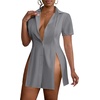 image:imageLYANER Womens Split Shirt Dress Collar V Neck Button Down Short Sleeve Sexy Mini Shirt DressesGray