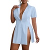 image:imageLYANER Womens Split Shirt Dress Collar V Neck Button Down Short Sleeve Sexy Mini Shirt DressesLight Blue