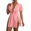 image:imageLYANER Womens Split Shirt Dress Collar V Neck Button Down Short Sleeve Sexy Mini Shirt DressesLight Pink