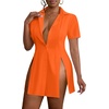 image:imageLYANER Womens Split Shirt Dress Collar V Neck Button Down Short Sleeve Sexy Mini Shirt DressesOrange