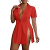 image:imageLYANER Womens Split Shirt Dress Collar V Neck Button Down Short Sleeve Sexy Mini Shirt DressesRed