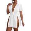 image:imageLYANER Womens Split Shirt Dress Collar V Neck Button Down Short Sleeve Sexy Mini Shirt DressesWhite