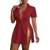image:imageLYANER Womens Split Shirt Dress Collar V Neck Button Down Short Sleeve Sexy Mini Shirt DressesWine Red