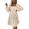 image:imageLYANER Womens Square Neck Lantern Long Sleeve Shirred Ruffle A Line Flowy Party Mini DressChampagne Floral Print
