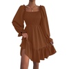 image:imageLYANER Womens Square Neck Lantern Long Sleeve Shirred Ruffle A Line Flowy Party Mini DressDark Brown