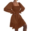 image:imageLYANER Womens Square Neck Lantern Long Sleeve Shirred Ruffle A Line Flowy Party Mini DressDark Brown