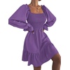 image:imageLYANER Womens Square Neck Lantern Long Sleeve Shirred Ruffle A Line Flowy Party Mini DressDark Purple