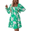 image:imageLYANER Womens Square Neck Lantern Long Sleeve Shirred Ruffle A Line Flowy Party Mini DressGreen Print