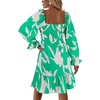 image:imageLYANER Womens Square Neck Lantern Long Sleeve Shirred Ruffle A Line Flowy Party Mini DressGreen Print