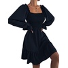 image:imageLYANER Womens Square Neck Lantern Long Sleeve Shirred Ruffle A Line Flowy Party Mini DressNavy Blue