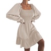 image:imageLYANER Womens Square Neck Lantern Long Sleeve Shirred Ruffle A Line Flowy Party Mini DressSolid Beige