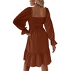 image:imageLYANER Womens Square Neck Lantern Long Sleeve Shirred Ruffle A Line Flowy Party Mini DressSolid Caramel