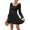 image:imageLYANER Womens Square Neck Off The Shoulder Tie Back Elastic Waist Long Sleeve Ruffle Hem Short Mini DressBlack