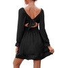 image:imageLYANER Womens Square Neck Off The Shoulder Tie Back Elastic Waist Long Sleeve Ruffle Hem Short Mini DressBlack
