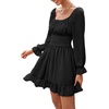 image:imageLYANER Womens Square Neck Off The Shoulder Tie Back Elastic Waist Long Sleeve Ruffle Hem Short Mini DressBlack