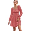 image:imageLYANER Womens Square Neck Off The Shoulder Tie Back Elastic Waist Long Sleeve Ruffle Hem Short Mini DressCoral Pink
