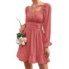 image:imageLYANER Womens Square Neck Off The Shoulder Tie Back Elastic Waist Long Sleeve Ruffle Hem Short Mini DressCoral Pink