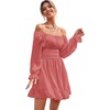 image:imageLYANER Womens Square Neck Off The Shoulder Tie Back Elastic Waist Long Sleeve Ruffle Hem Short Mini DressCoral Pink