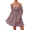 image:imageLYANER Womens Square Neck Off The Shoulder Tie Back Elastic Waist Long Sleeve Ruffle Hem Short Mini DressDusty Purple